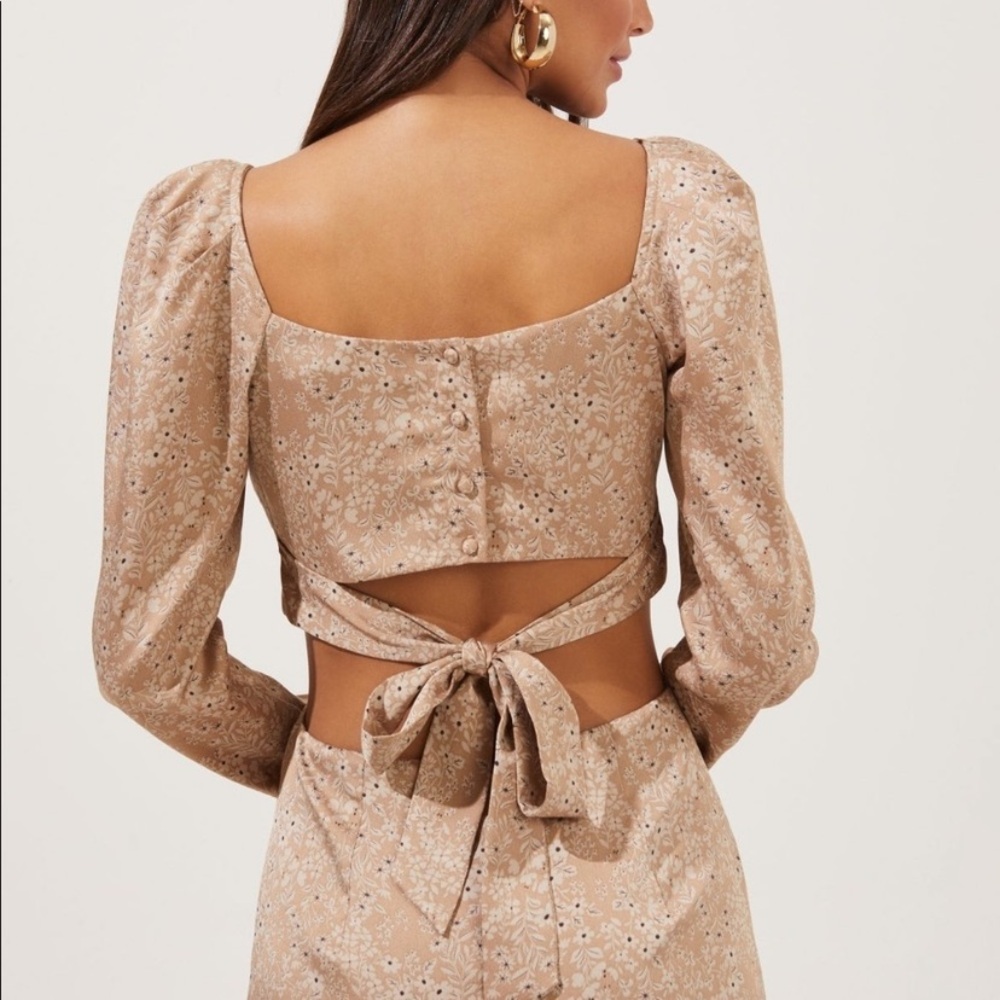 NWT Astr The Label Lainie Long Sleeve Dress. Tie Back. Silky. Size Small. Taupe. - Picture 5 of 11